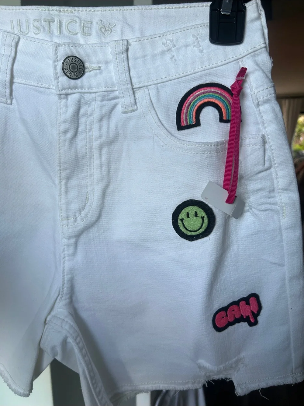 Justice White Denim Shorts with Colorful Patch Accents